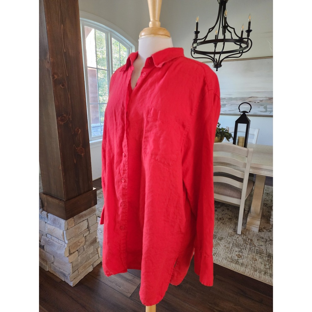 Elisabeth Liz Claiborne Red 100% Linen Button Down Shirt Plus Size 20